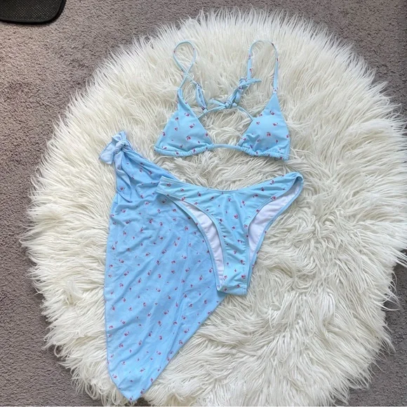 SOLY HUX 3 Piece Triangle Bikini Set with Mesh Cover Up Beach Skirt Blue Floral - Picture 6 of 11